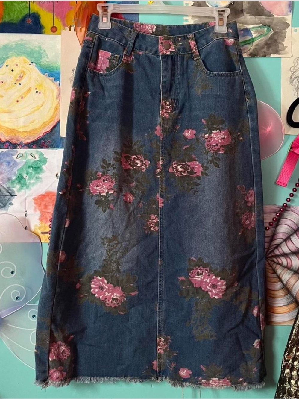 Floral Print Denim Midi Skirt